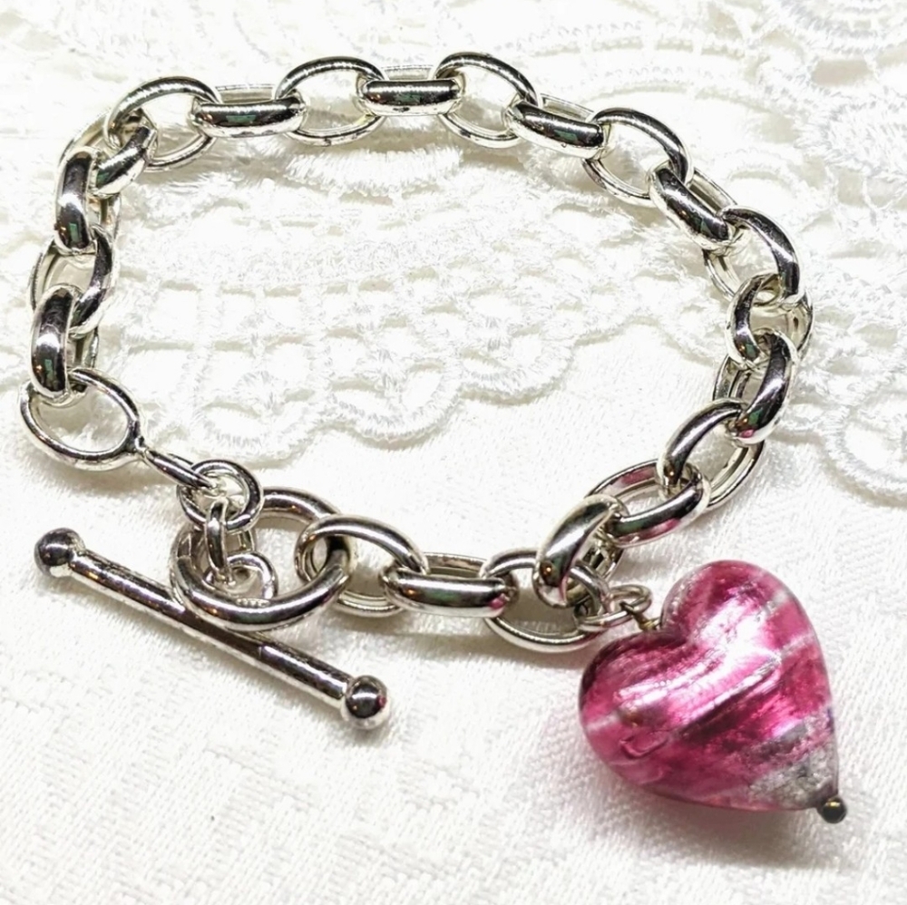 Sterling Silver Italy Pink Murano Venetian Glass Heart Charm Toggle 7.5 Bracelet